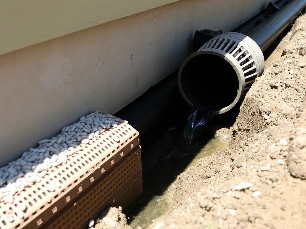 A French drain system installed along the foundation of a house, effectively diverting water away from the building.