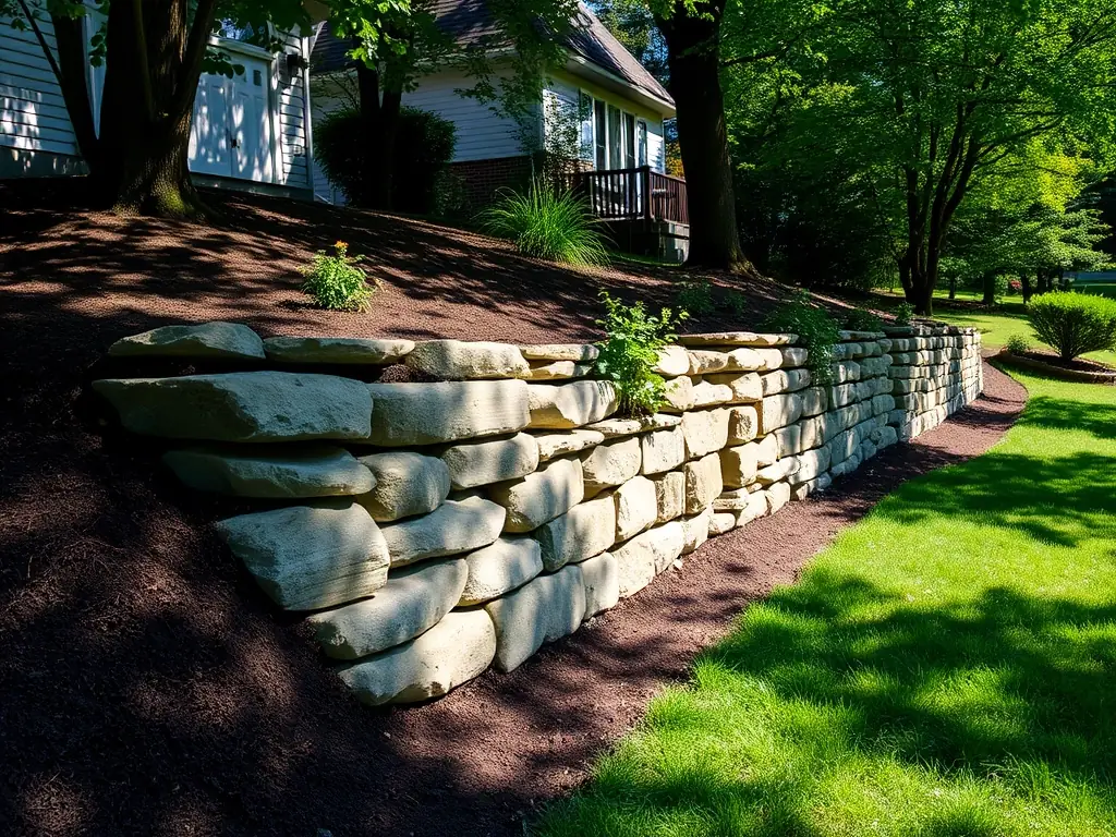 A professionally constructed retaining wall made of natural stone, terracing a sloped garden and preventing soil erosion on a residential property.
