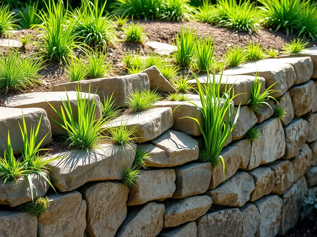 A professionally constructed retaining wall made of natural stone, integrated into a sloped garden with lush greenery.