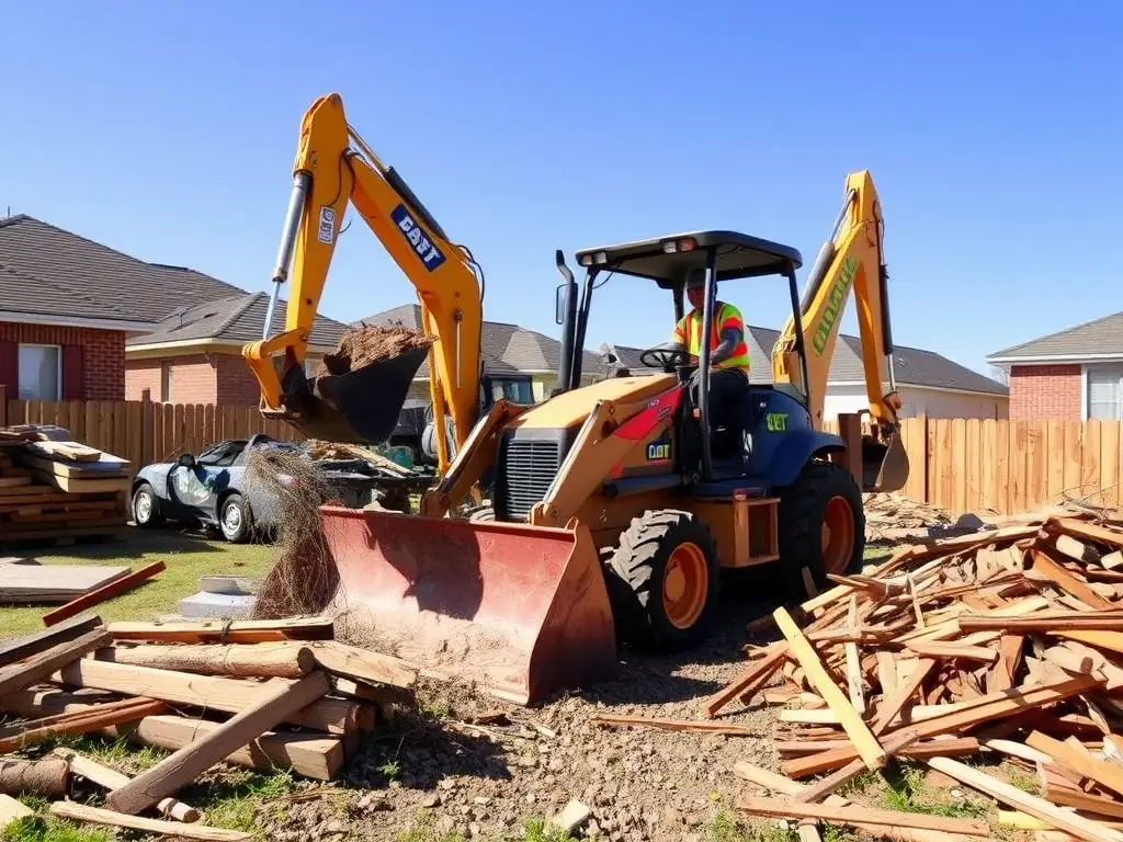 A team of workers clearing debris from a residential lot with heavy machinery, showcasing lot clearing and demolition services by Houston Site Prep Pros.