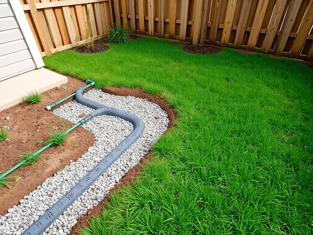 A high-angle shot of a newly installed French drain system in a residential backyard, showcasing its effectiveness in water management and property protection.