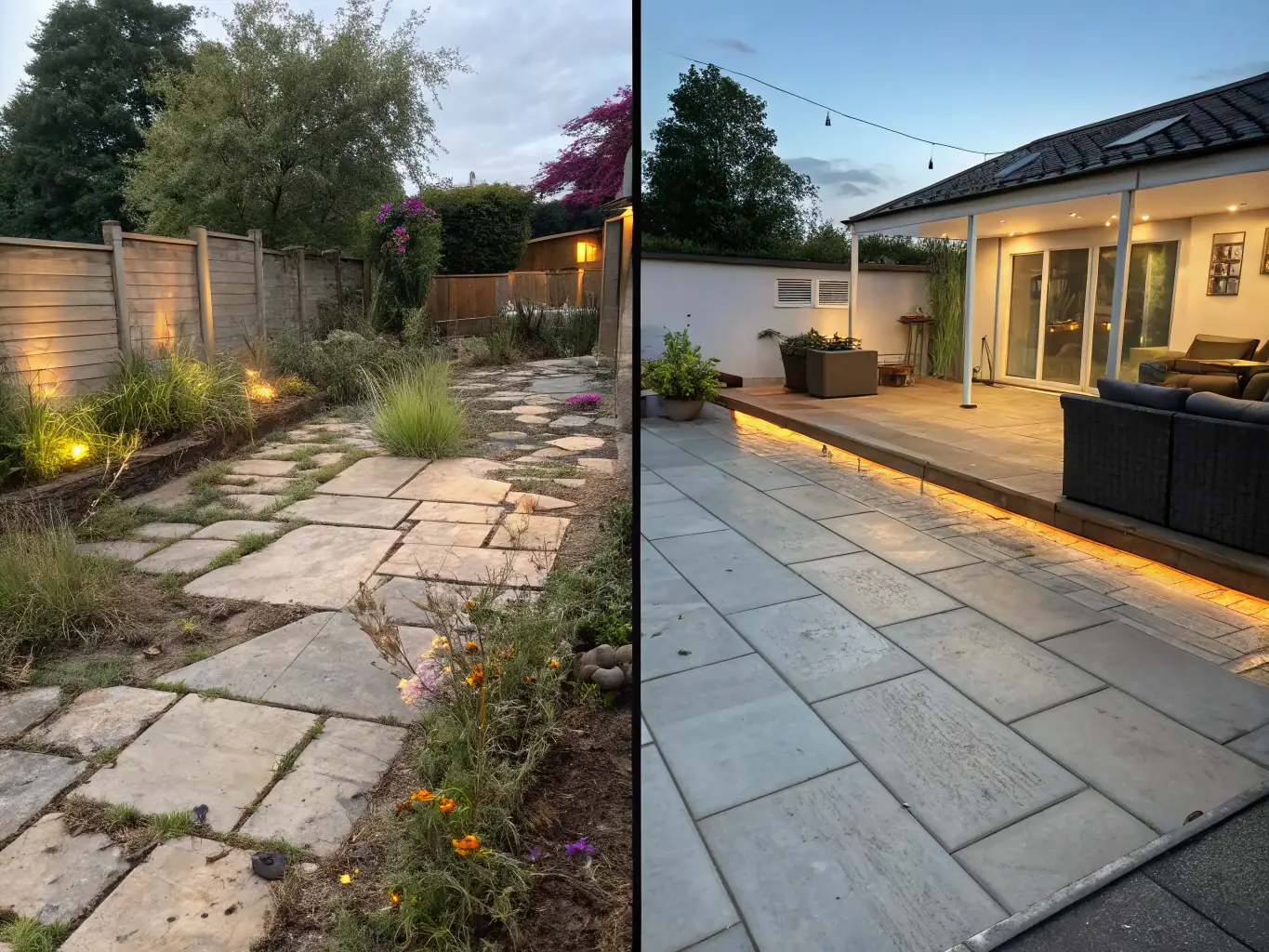 A before-and-after image showing a property before drainage solutions and after, highlighting the improvement in water runoff and landscape stability.