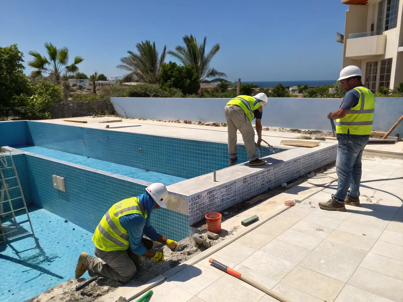 A partially demolished swimming pool in a backyard, with workers carefully removing debris and preparing the site for regrading.