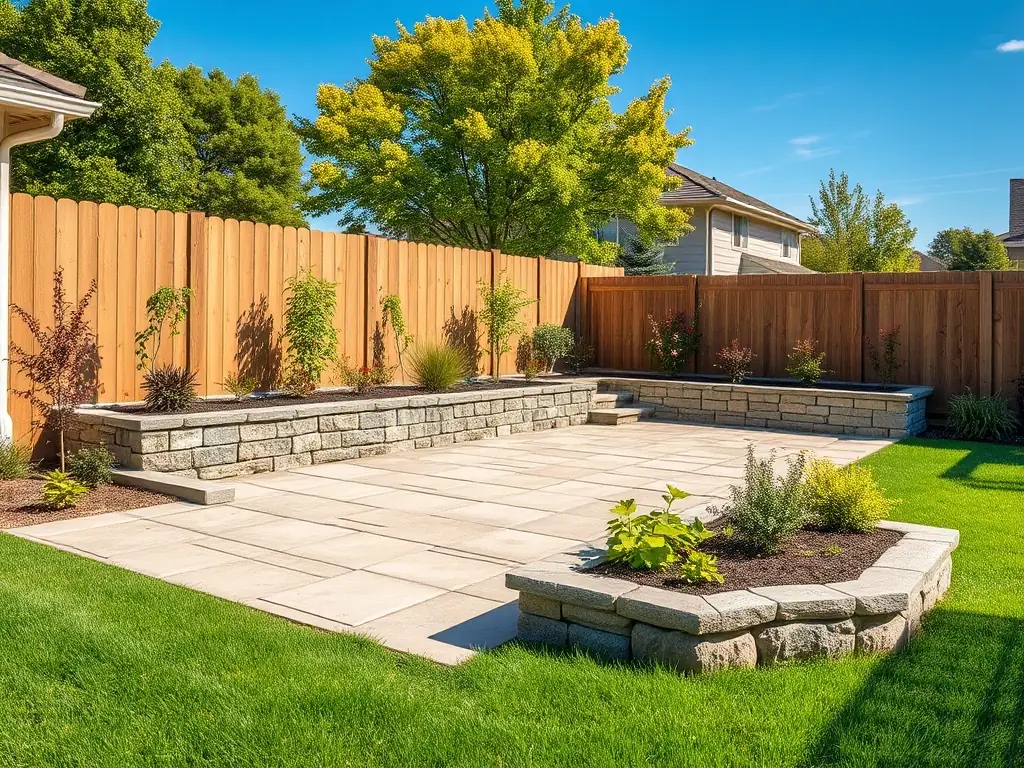 A landscaped yard featuring a stone retaining wall and a French drain system, illustrating drainage solutions and retaining wall construction by Houston Site Prep Pros.