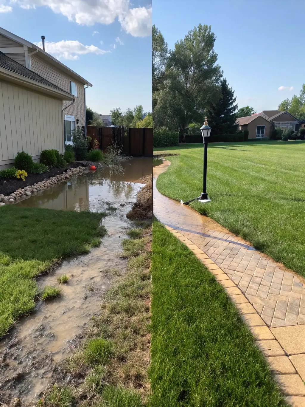 A before-and-after shot of a property where Houston Site Prep Pros installed a French drain, showcasing their drainage solutions.